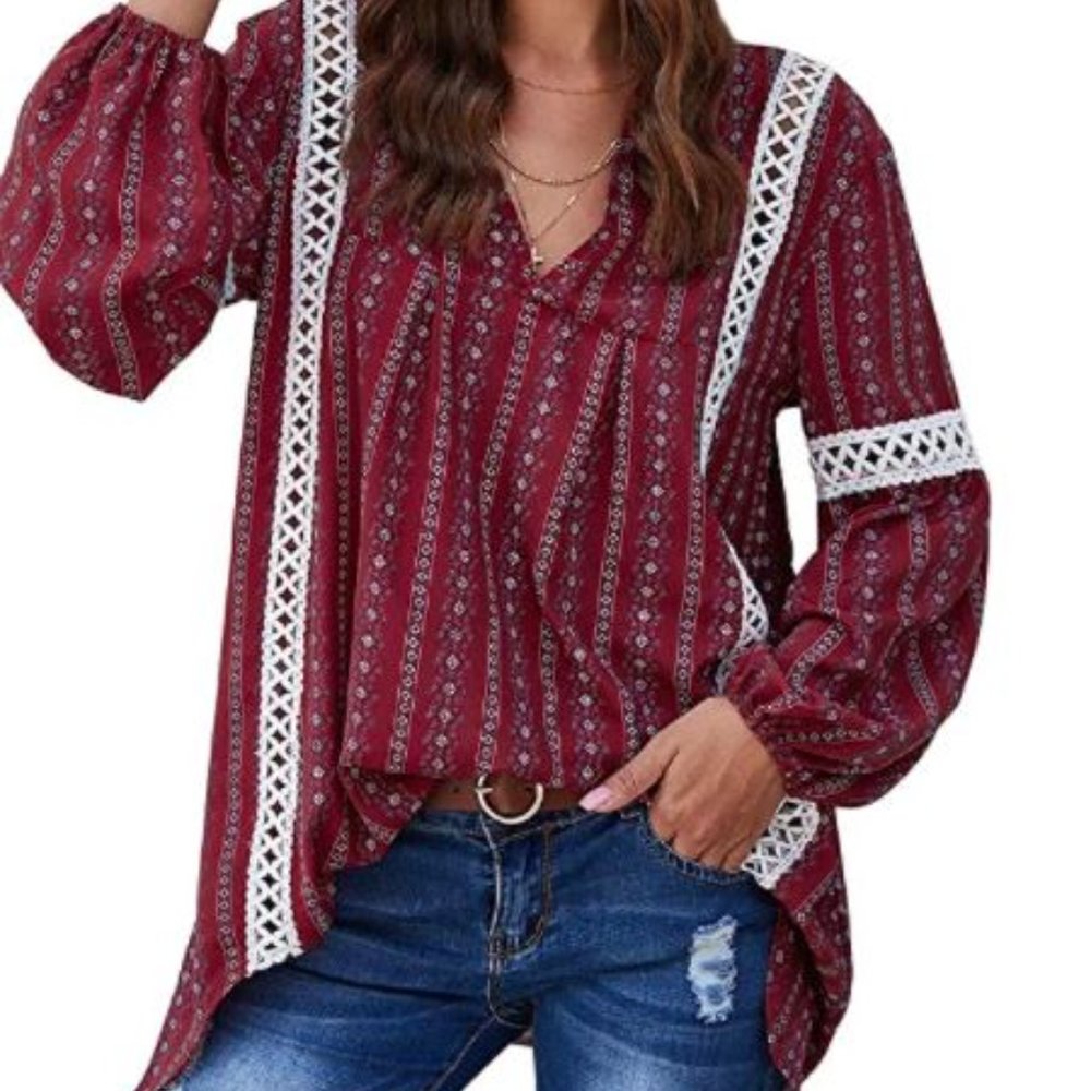 Long Sleeve V Neck Hollow Out Floral Print